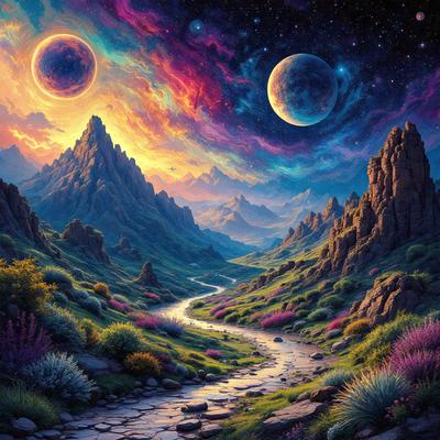 Primary subject: A painting of a mountainous landscape with two moons in the sky.

Setting/background: The painting features a mountainous area with a river flowing through it. The sky is filled with two moons, creating a serene and peaceful atmosphere.

Visual style: The painting is a digital artwork, showcasing the artist's creativity and attention to detail.

Colors and mood: The painting is predominantly blue and purple, with the two moons adding a